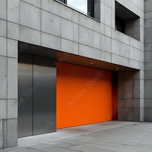 Vibrant orange door cutting through a minimalist concrete building facade, creating a striking contrast and modern architectural statement in an urban environment