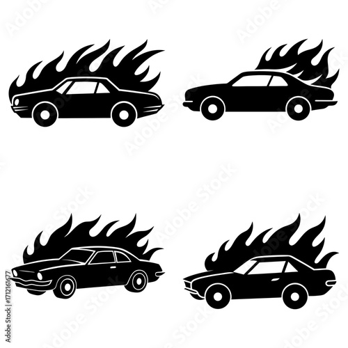 Four black silhouette illustrations of cars engulfed in flames on a white background design element