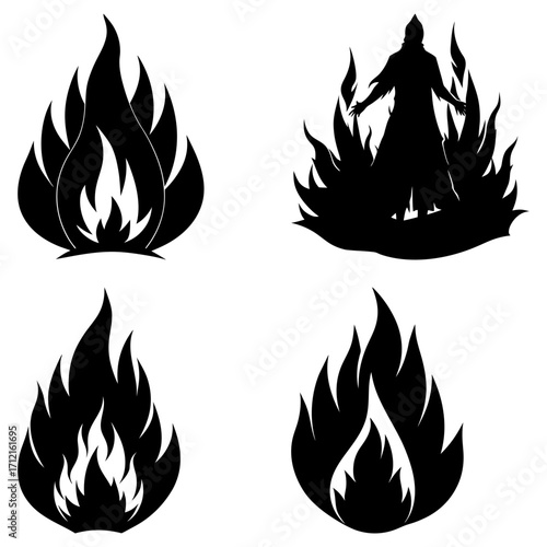 A collection of black and white vector images featuring flames and a figure engulfed in fire elements