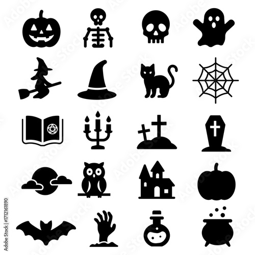 An illustration depicting a set of black icons of the attributes of the scary holiday of Halloween, on a white background.