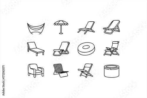 Vacation and leisure line icons collection featuring sunbeds, recliners and beach symbols