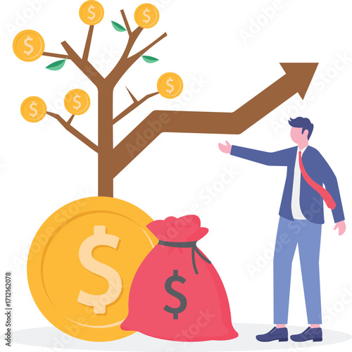 Successful entrepreneur or investor presenting stack of money and growth diagram concept.

