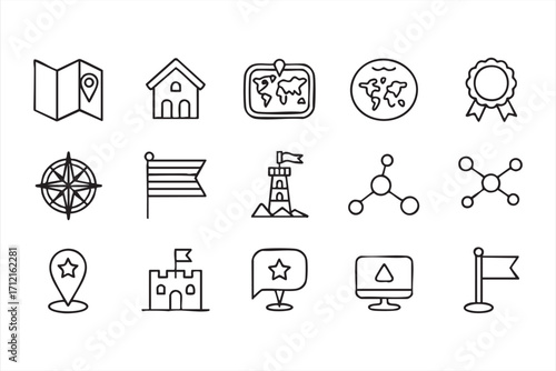 Vector illustration of navigation and travel icons for maps, routes and location design