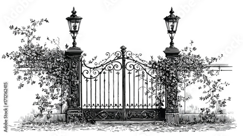 Elegant Vintage Wrought Iron Gate with Lanterns and Ivy
