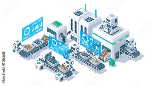 Automated factory processes materials with robotic arms and digital displays in a clean, modern industrial setting, showcasing efficiency and technological advancement.