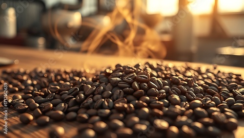 Freshly roasted coffee beans on wood with aromatic steam in warm directional light.