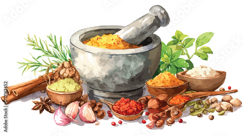 Detailed Watercolor Ayurvedic Herbal Ingredients Illustration for Design Projects