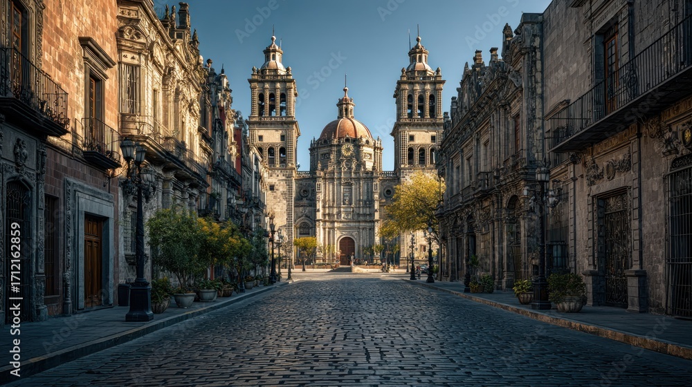 Obraz premium Majestic View of Cathedral in Morelia, Mexico Surrounded by Historic Buildings