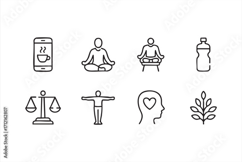 Health and wellness outline icons set with balance, water bottle and peaceful living symbols