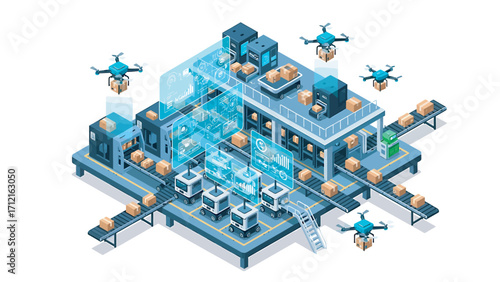Automated factory producing and delivering packages using drones with conveyor belts and robotic arms in a futuristic and efficient manner.