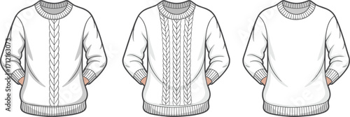 Sweater, cable knit, fashion illustration, garment sketch, winter clothing, knitwear design, cozy pullover, apparel drawing, textile pattern, ribbed cuffs, neckline