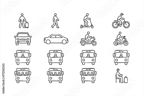 Outline city travel icons collection including walking, scooter and motorcycle designs