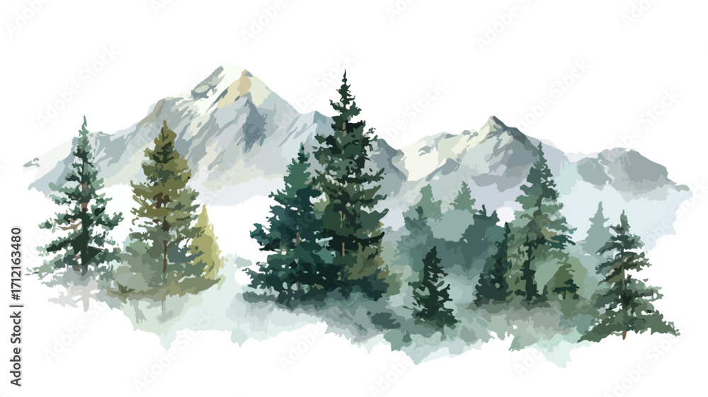 Fototapeta premium Serene Watercolor Landscape with Mountains and Spruce Trees Border