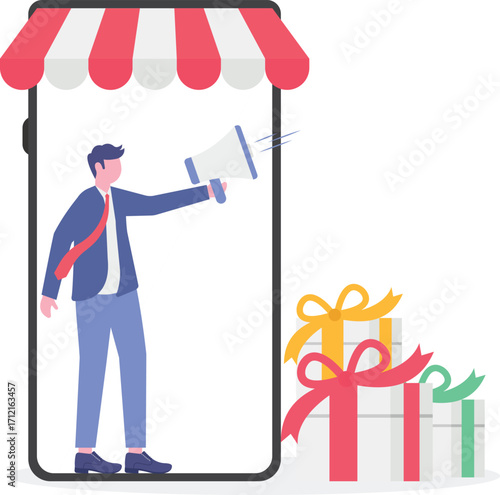 Seller reputation system, sales promotion, rebate program concept with tiny people.

