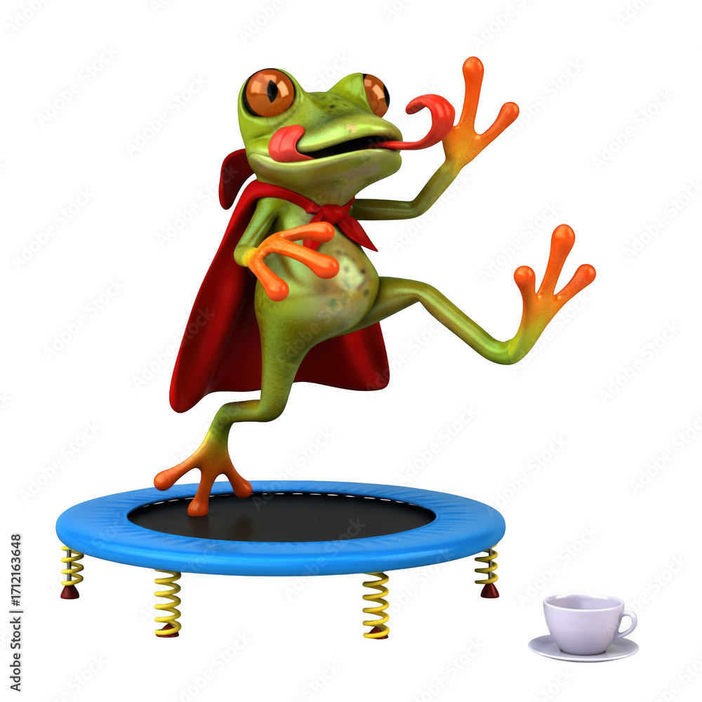 Obraz premium Whimsical frog superhero bouncing on trampoline with playful cup side view