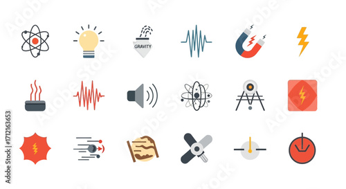 Science icons set physics chemistry energy electricity.