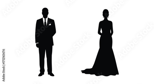 Silhouettes of a bride and groom standing side by side