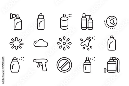 Outline sanitizer and aerosol symbols collection for household and health themes