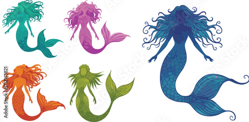 Colorful fantasy mermaid silhouettes with flowing hair, mythical sea creature vector design, elegant aquatic illustration, underwater fairy tale artwork, marine art