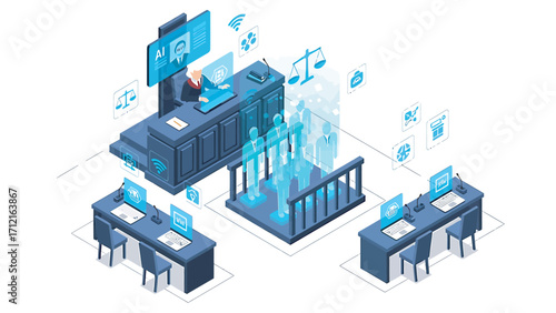 Digital court conducts trial with holographic witnesses and evidence in futuristic courtroom, showcasing technology and justice.