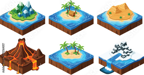 Isometric island set with volcano, desert, snowy mountain, tropical beach, ocean water, game map, adventure landscape, fantasy environment illustration