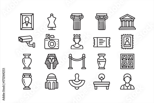 Museum and cultural heritage vector icons set with artifacts, art and monuments