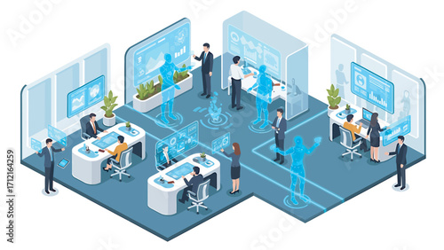 Business people collaborate using augmented reality in modern office, creating innovative solutions with holographic projections, showcasing futuristic teamwork.