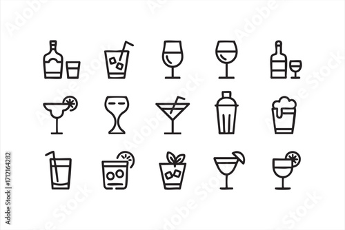 Vector illustration of wine, beer, whiskey and cocktail glasses in outline style