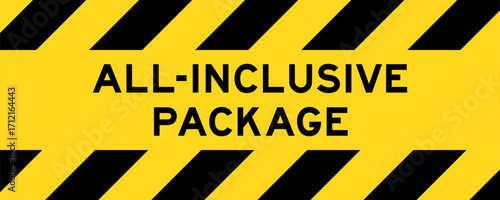 Yellow and black color with line striped label banner with word all inclusive package