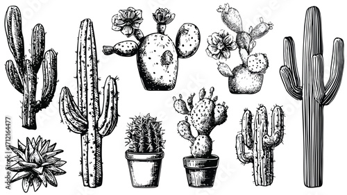 Wild Desert Cactus Icons in Doodle Style for Design Projects