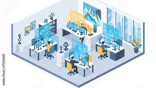 Employees working at computers in modern office with glowing screens and data visualizations, creating a futuristic and productive atmosphere.