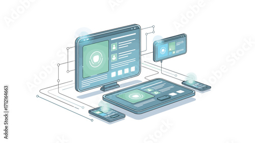Isometric devices displaying user interfaces connect wirelessly in a modern office, showcasing seamless technology integration and a futuristic workspace.