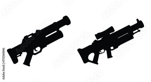 Black silhouette depictions of two modern assault rifles displayed at angles