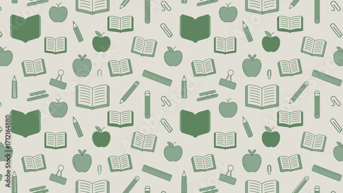 A seamless pattern featuring green school supplies like apples books pencils and paper clips displayed nicely