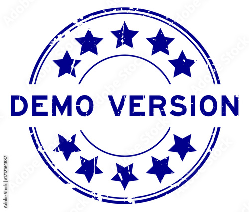 Grunge blue demo version word round rubber seal stamp on white background