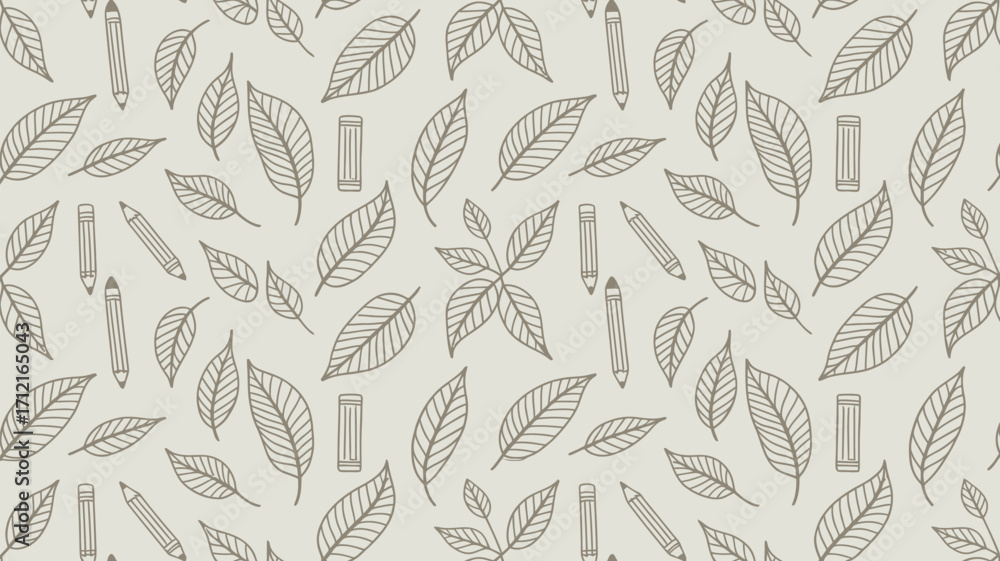 Fototapeta premium Seamless pattern featuring leaves pencils and erasers in a light color palette illustration design art 100