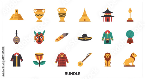 Collection of diverse cultural icons and symbols.