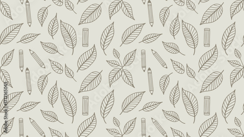 Seamless pattern featuring leaves pencils and erasers in a light color palette illustration design art 100