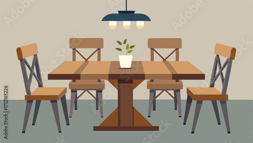 A rustic wooden dining table with modern metal chairs.