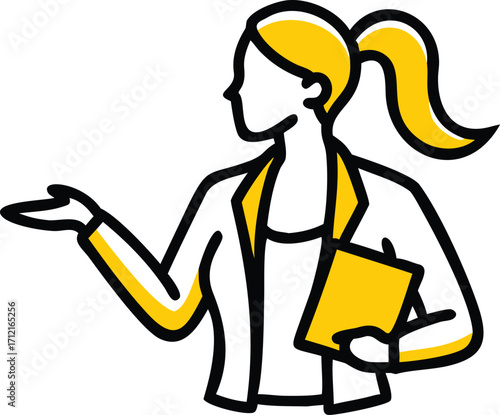 Professional woman presenting with blonde hair and yellow accents presentation gesture