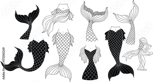 Mermaid tail vector set, fantasy aquatic design, mythical sea creature illustration, underwater artwork, marine scales pattern, decorative ocean elements