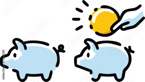 Piggy bank saving gold coin with hand money
