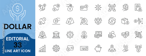 33 Dollar and Finance Line Art Icons Set. Money, Banking, Investment, Currency, Business, Editable Stroke.