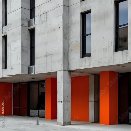 Modern Architecture with Bold Orange Pillars and Concrete Facade