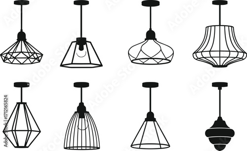 Modern pendant lamp silhouettes, ceiling light fixture collection, elegant chandelier alternatives, decorative interior lighting design, stylish home decor elements, vector illustration set