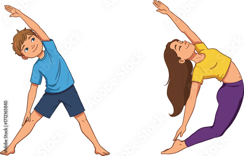 Cartoon child and adult doing yoga, side stretch poses, flexibility and wellness activity, flat vector illustration, cad drawing  child and adult doing yoga, side stretch poses, 