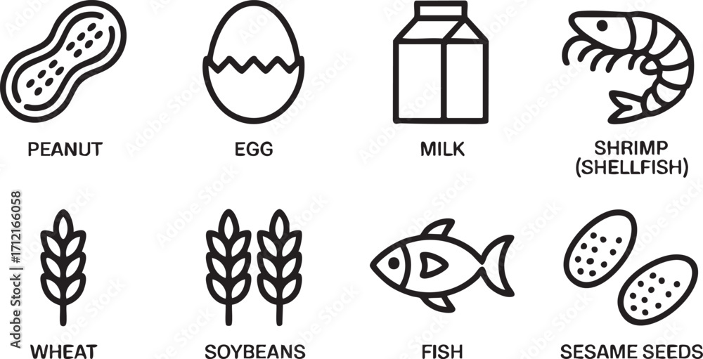 Fototapeta premium Allergen Awareness Icons Pack with Wheat Soybeans Fish and Sesame
