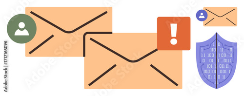 Envelopes with alert mark, user icon, and cybersecurity shield. Ideal for communication, email safety, spam filtering, online privacy, phishing awareness data protection secure information. Simple