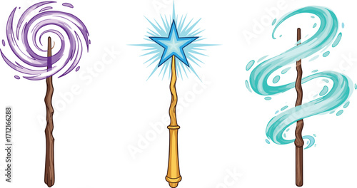 Magic wands collection, fantasy wizard staff, glowing star wand, mystical energy swirls, enchanted stick design, magical tool illustration, sorcery accessory