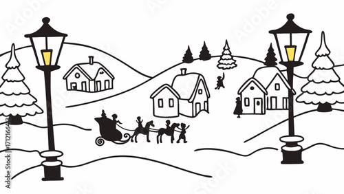 A snowy village at twilight. Smoke rises from chimneys. Lanterns glow warmly. Children play in snow. Cobblestones glisten. Horses pull carts. The scene conveys seasonal charm, warmth, and human life.